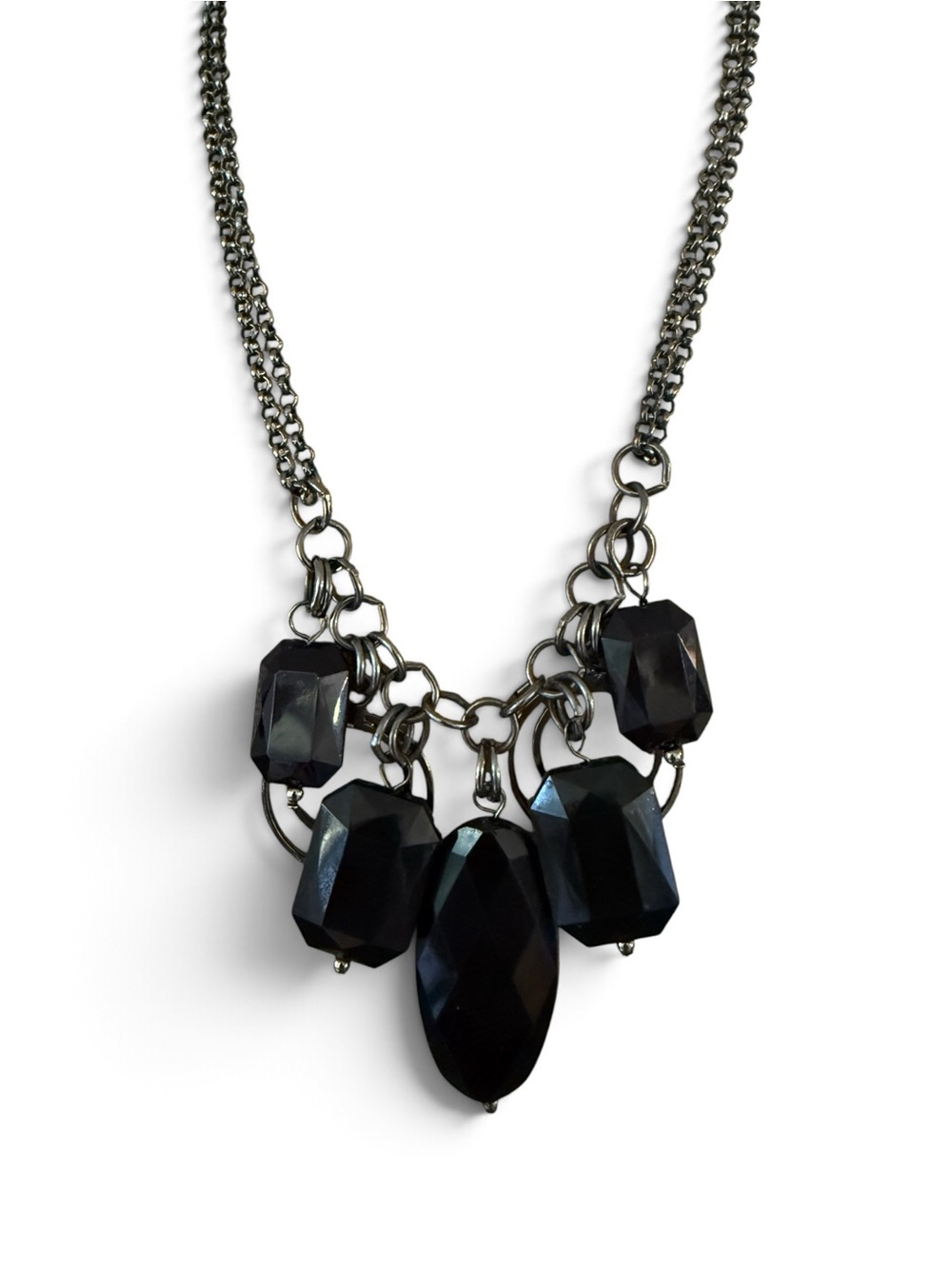 Vintage Antiqued Silver Tone Acrylic Statement Necklace - Black Faceted Drops - Picture 5 of 8